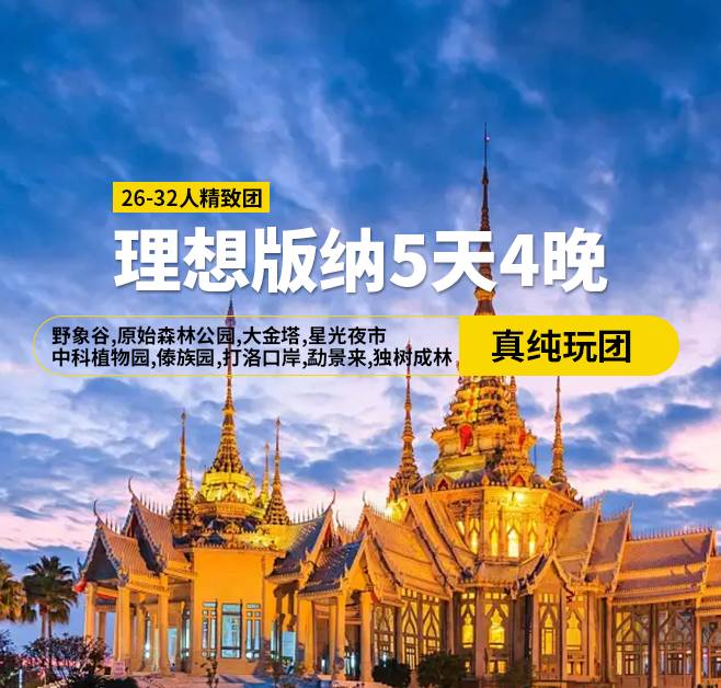 理想版納5天4晚純玩，26-32人精致團，野象谷，原始森林公園，大金塔，星光夜市，中科植物園，傣族園，打洛口岸，勐景來，獨樹成林